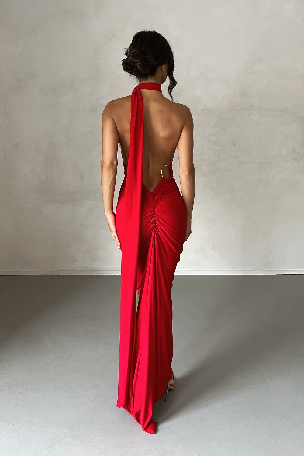 Vestido Longo Decote Costas Drapeado Vermelho - Modenna 13